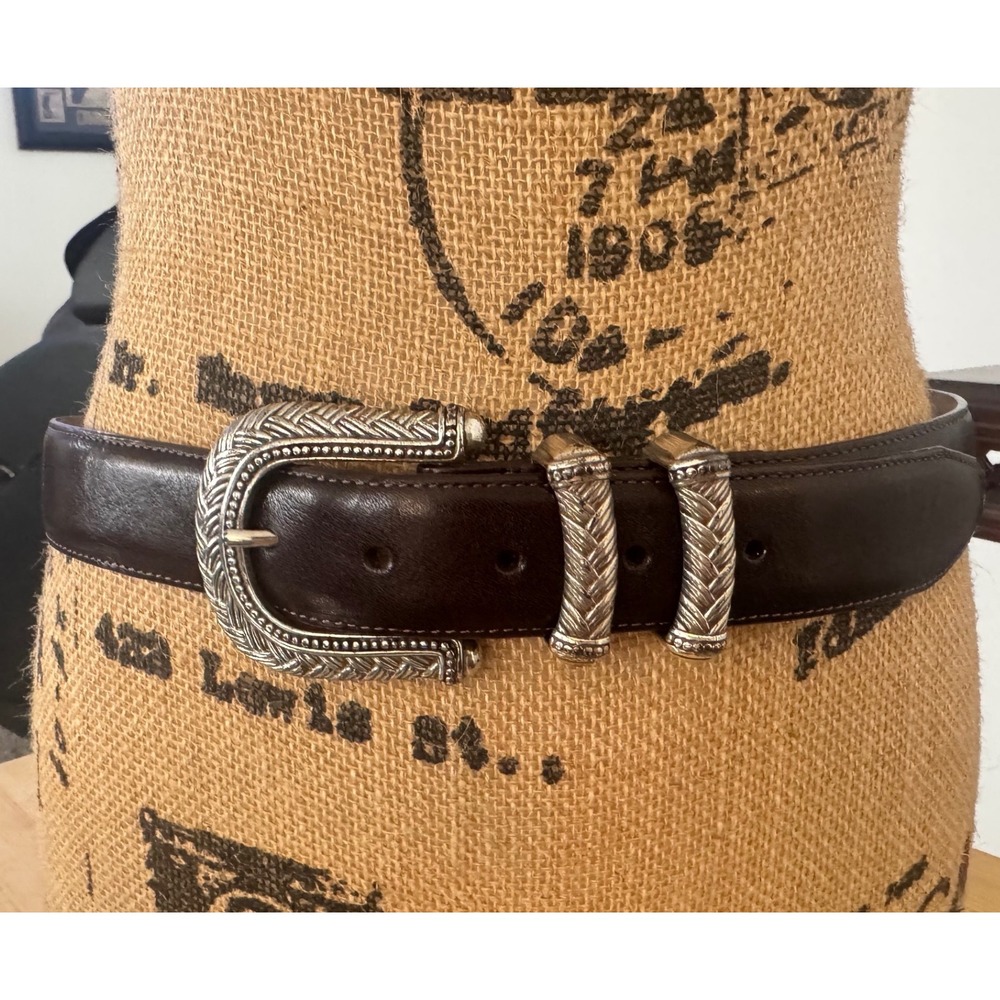 Brighton Dk Brown Leather Western Belt Engraved Buckle Keepers 40709 VTG USA L32